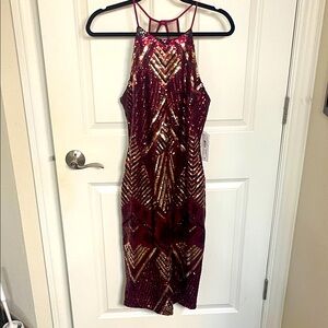 Bisou Bisou Burgundy, Black and Gold Sequin Midi Dress size 6 NWT
